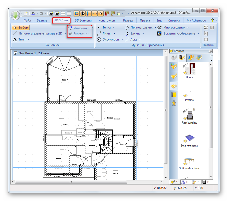 Автоматический расчет и нанесение на чертеж размеров элементов в Ashampoo 3D CAD Architecture